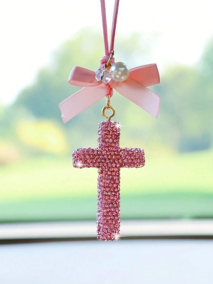 Dazzling Crystal Cross Car Hanging Ornament- Rhinestone Studded For Rearview Mirror Elegant & Meaningful Decor- Lightweight & Safe- Spiritual Gift For Christmas/Baptism
