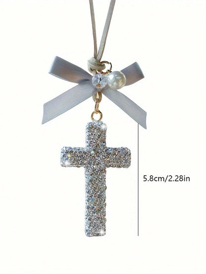 Dazzling Crystal Cross Car Hanging Ornament- Rhinestone Studded For Rearview Mirror Elegant & Meaningful Decor- Lightweight & Safe- Spiritual Gift For Christmas/Baptism