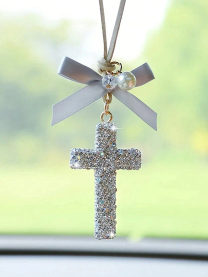 Dazzling Crystal Cross Car Hanging Ornament- Rhinestone Studded For Rearview Mirror Elegant & Meaningful Decor- Lightweight & Safe- Spiritual Gift For Christmas/Baptism