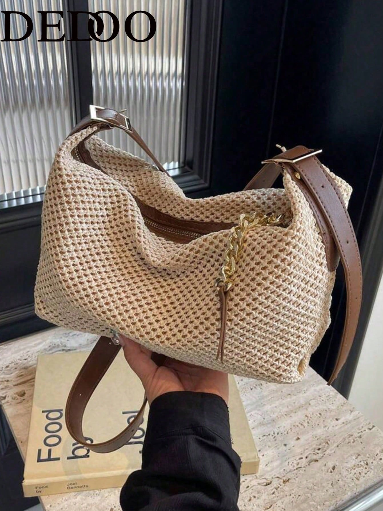 Dedoo Fashionable Summer Straw Bag, Minimalist Retro Chain Zipper Shoulder Bag, Beige, Holiday Essential, Perfect For Travel, Vacation, Beach, Eye-Catching Summer Beach Bag, Women's Summer Straw Beach