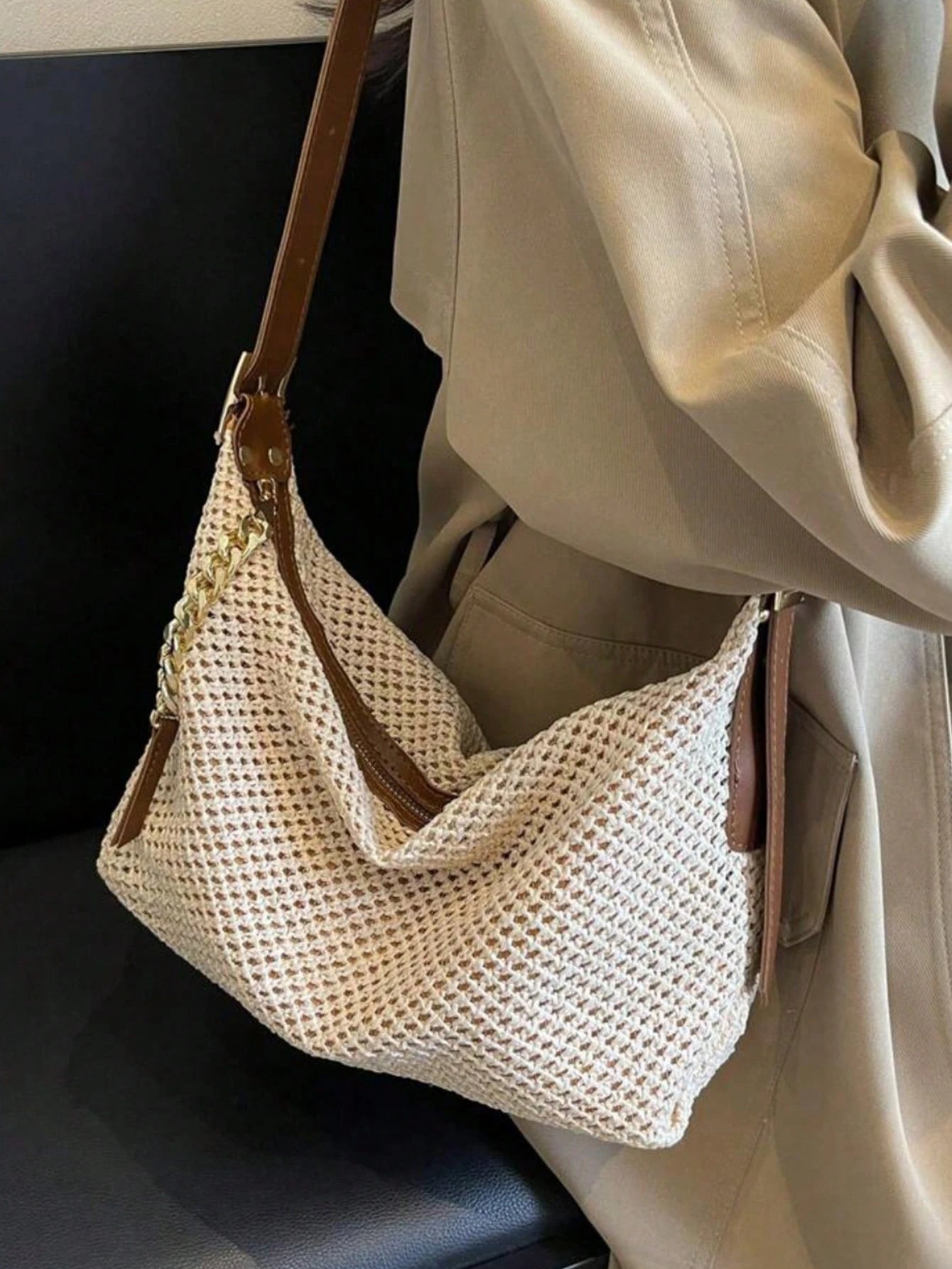 Dedoo Fashionable Summer Straw Bag, Minimalist Retro Chain Zipper Shoulder Bag, Beige, Holiday Essential, Perfect For Travel, Vacation, Beach, Eye-Catching Summer Beach Bag, Women's Summer Straw Beach