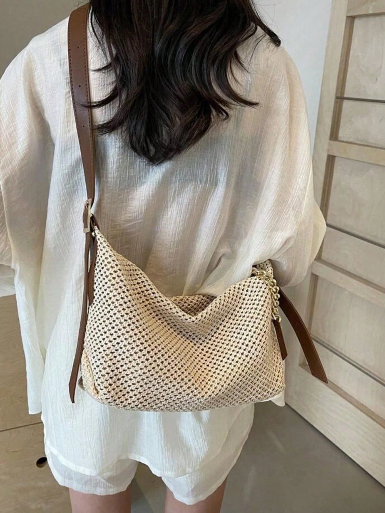 Dedoo Fashionable Summer Straw Bag, Minimalist Retro Chain Zipper Shoulder Bag, Beige, Holiday Essential, Perfect For Travel, Vacation, Beach, Eye-Catching Summer Beach Bag, Women's Summer Straw Beach