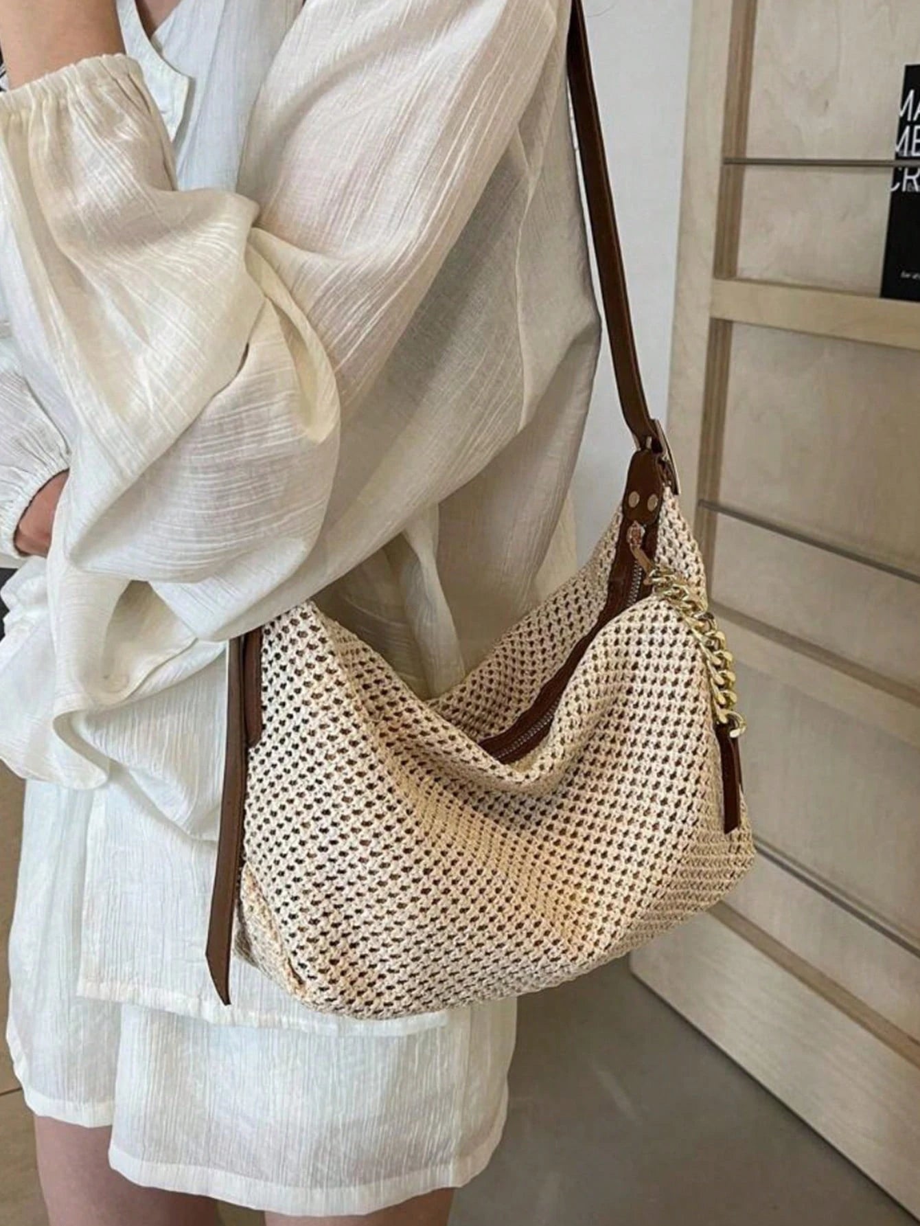 Dedoo Fashionable Summer Straw Bag, Minimalist Retro Chain Zipper Shoulder Bag, Beige, Holiday Essential, Perfect For Travel, Vacation, Beach, Eye-Catching Summer Beach Bag, Women's Summer Straw Beach