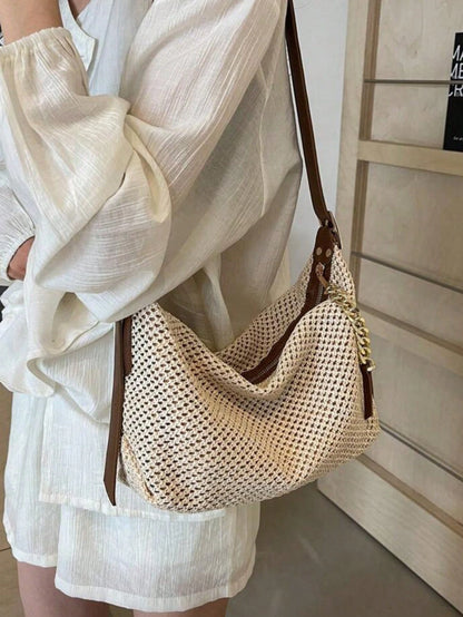 Dedoo Fashionable Summer Straw Bag, Minimalist Retro Chain Zipper Shoulder Bag, Beige, Holiday Essential, Perfect For Travel, Vacation, Beach, Eye-Catching Summer Beach Bag, Women's Summer Straw Beach