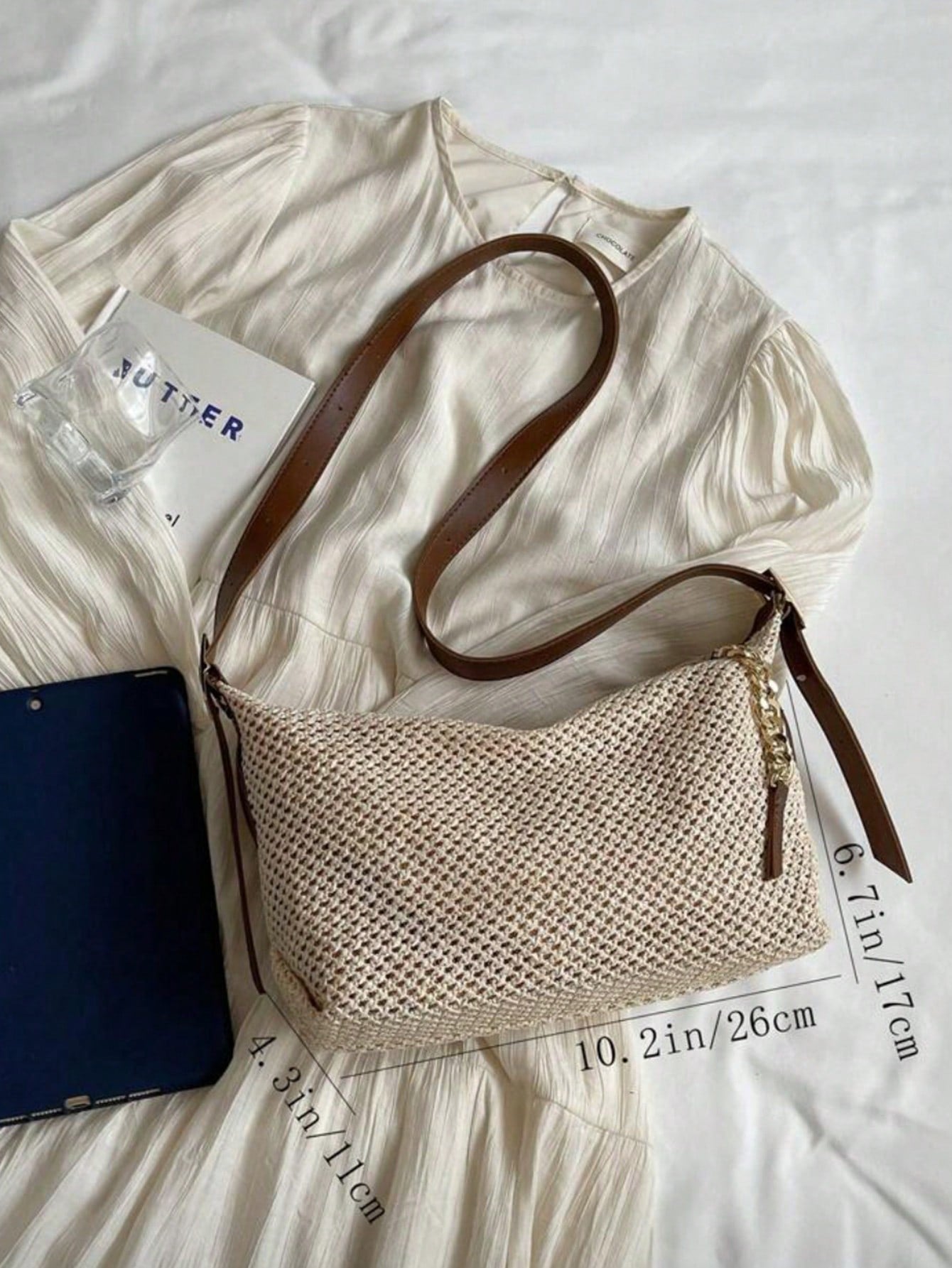 Dedoo Fashionable Summer Straw Bag, Minimalist Retro Chain Zipper Shoulder Bag, Beige, Holiday Essential, Perfect For Travel, Vacation, Beach, Eye-Catching Summer Beach Bag, Women's Summer Straw Beach