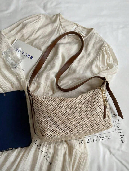 Dedoo Fashionable Summer Straw Bag, Minimalist Retro Chain Zipper Shoulder Bag, Beige, Holiday Essential, Perfect For Travel, Vacation, Beach, Eye-Catching Summer Beach Bag, Women's Summer Straw Beach