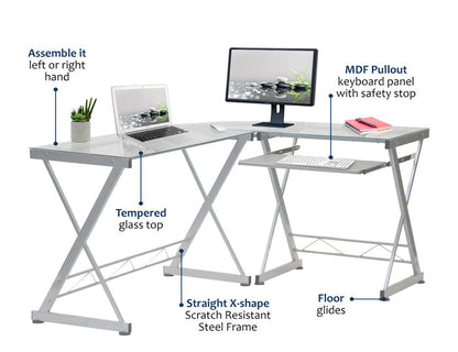 Deluxe Ergonomic L-Shaped Computer Desk Workstation - Clear Tempered Glass