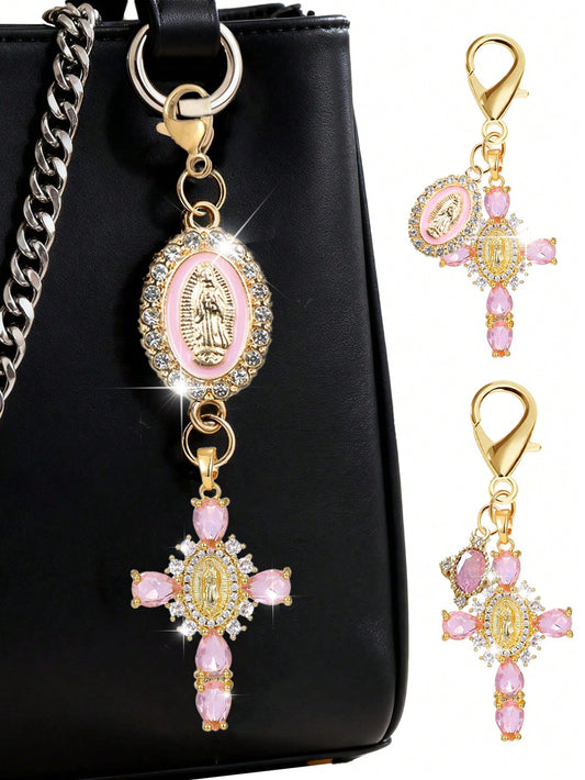 Diamond Cross Shiny Keychain, Pearl Diamond Amulet- Cross Keychain, Bag Amulet, Cross Pendant, Decorative Wallet Backpack Accessory, Earphone Bag Accessory, Luggage And Car Ring Decoration Keychain