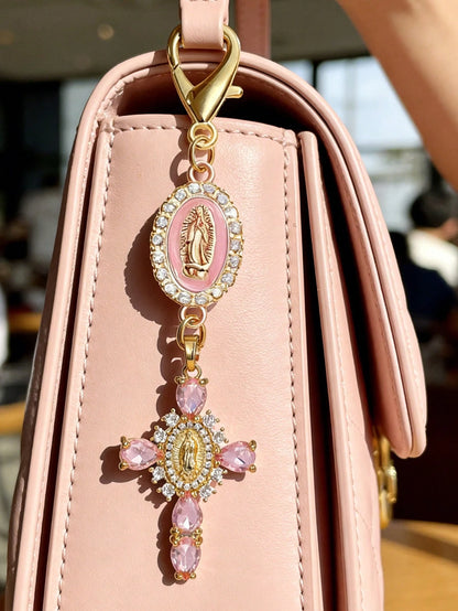 Diamond Cross Shiny Keychain, Pearl Diamond Amulet- Cross Keychain, Bag Amulet, Cross Pendant, Decorative Wallet Backpack Accessory, Earphone Bag Accessory, Luggage And Car Ring Decoration Keychain