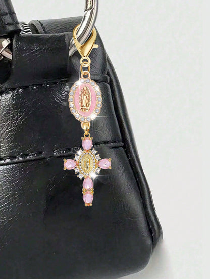 Diamond Cross Shiny Keychain, Pearl Diamond Amulet- Cross Keychain, Bag Amulet, Cross Pendant, Decorative Wallet Backpack Accessory, Earphone Bag Accessory, Luggage And Car Ring Decoration Keychain