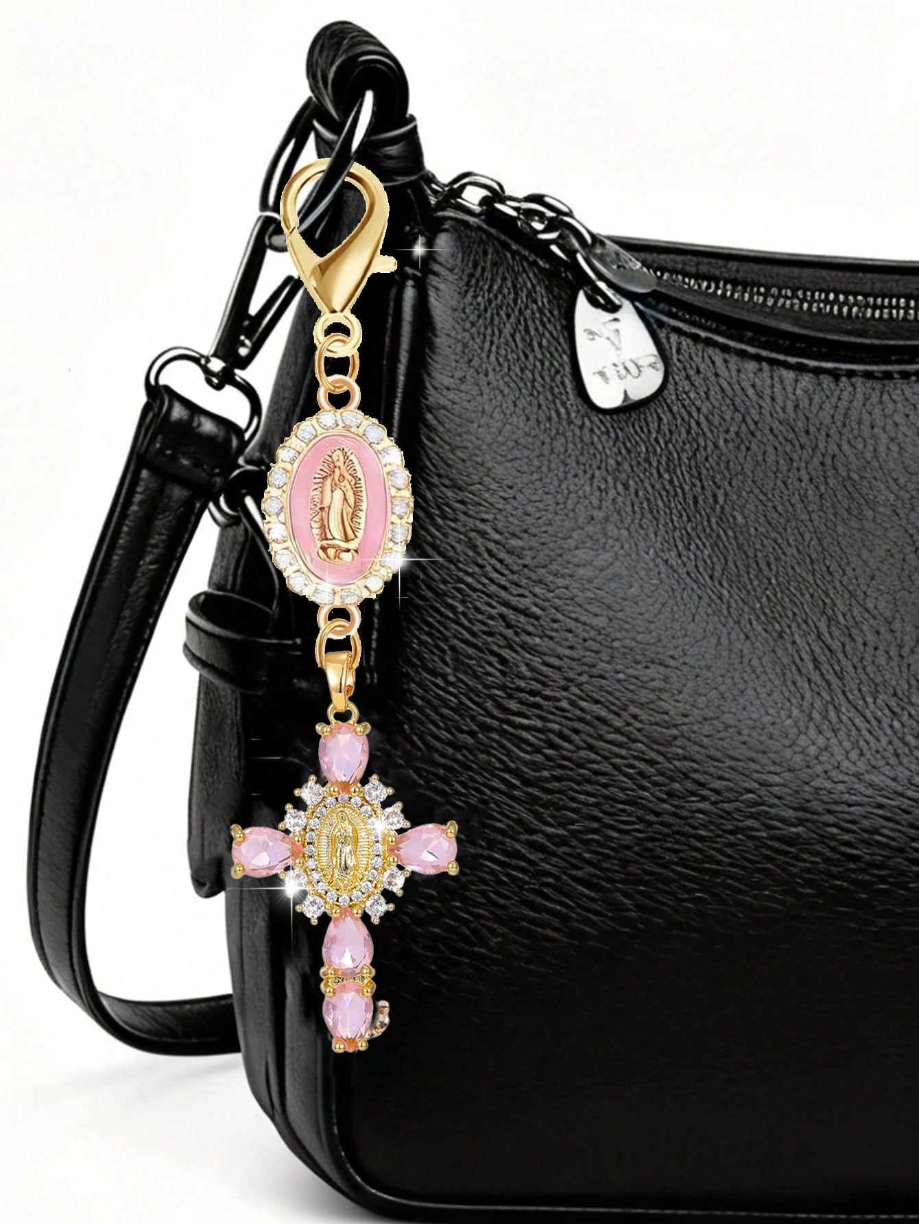 Diamond Cross Shiny Keychain, Pearl Diamond Amulet- Cross Keychain, Bag Amulet, Cross Pendant, Decorative Wallet Backpack Accessory, Earphone Bag Accessory, Luggage And Car Ring Decoration Keychain