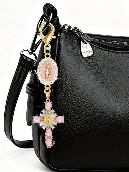 Diamond Cross Shiny Keychain, Pearl Diamond Amulet- Cross Keychain, Bag Amulet, Cross Pendant, Decorative Wallet Backpack Accessory, Earphone Bag Accessory, Luggage And Car Ring Decoration Keychain