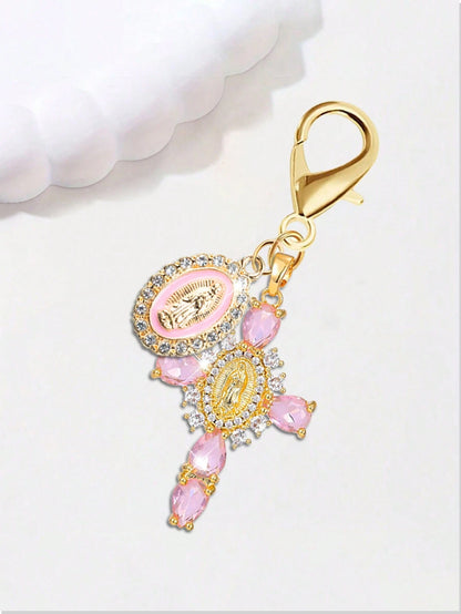 Diamond Cross Shiny Keychain, Pearl Diamond Amulet- Cross Keychain, Bag Amulet, Cross Pendant, Decorative Wallet Backpack Accessory, Earphone Bag Accessory, Luggage And Car Ring Decoration Keychain