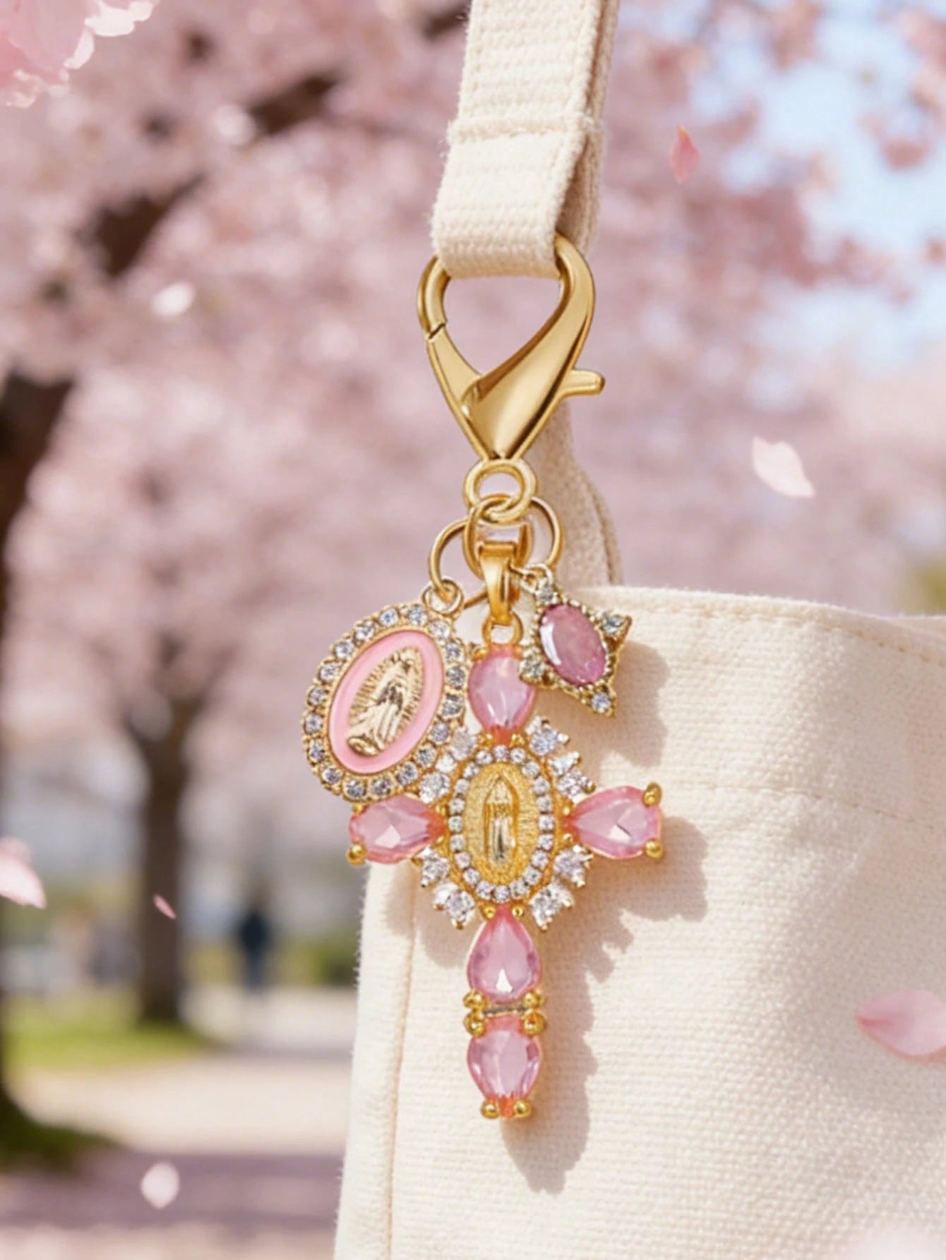 Diamond Cross Shiny Keychain, Pearl Diamond Amulet- Cross Keychain, Bag Amulet, Cross Pendant, Decorative Wallet Backpack Accessory, Earphone Bag Accessory, Luggage And Car Ring Decoration Keychain