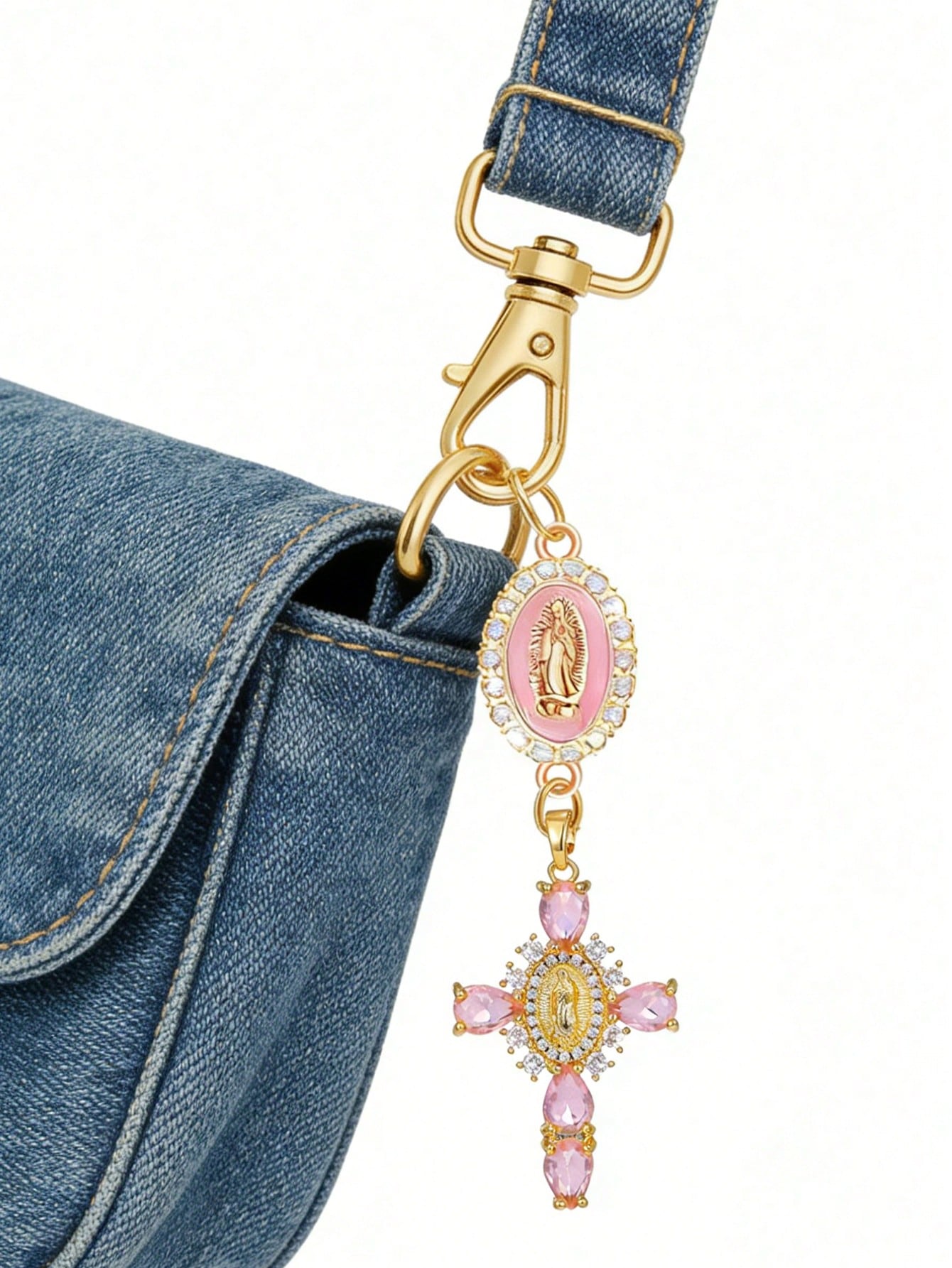 Diamond Cross Shiny Keychain, Pearl Diamond Amulet- Cross Keychain, Bag Amulet, Cross Pendant, Decorative Wallet Backpack Accessory, Earphone Bag Accessory, Luggage And Car Ring Decoration Keychain