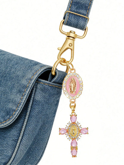 Diamond Cross Shiny Keychain, Pearl Diamond Amulet- Cross Keychain, Bag Amulet, Cross Pendant, Decorative Wallet Backpack Accessory, Earphone Bag Accessory, Luggage And Car Ring Decoration Keychain