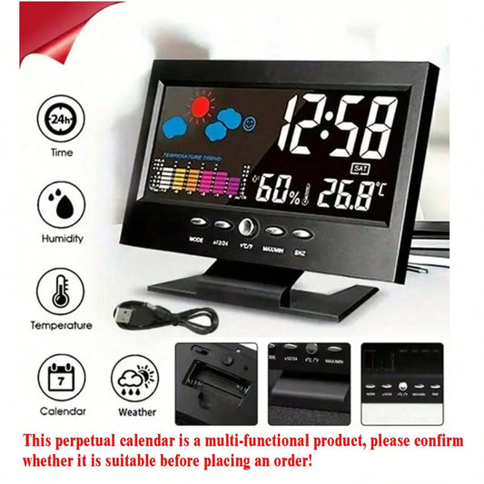 Digital Thermometer Hygrometer, Weather Alarm Clock With Voice Control And Backlight, Displaying Temperature, Humidity, Calendar, Time And Weather Forecast, Colorful Screen Desktop Thermometer Hygrome