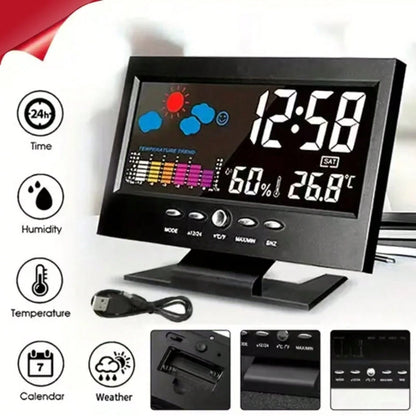 Digital Thermometer Hygrometer, Weather Alarm Clock With Voice Control And Backlight, Displaying Temperature, Humidity, Calendar, Time And Weather Forecast, Colorful Screen Desktop Thermometer Hygrome