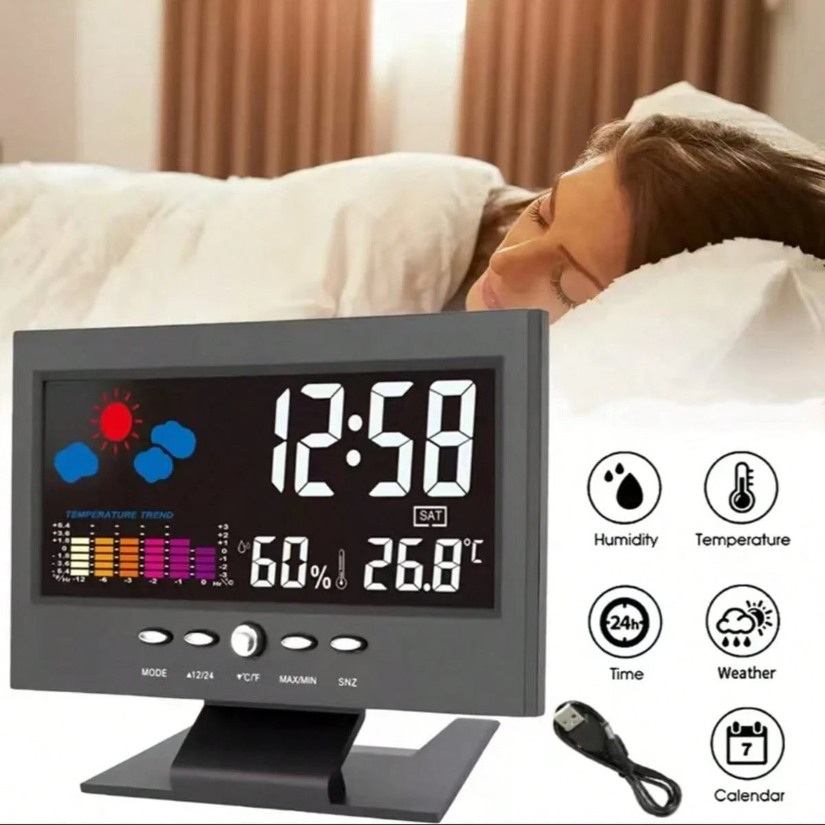 Digital Thermometer Hygrometer, Weather Alarm Clock With Voice Control And Backlight, Displaying Temperature, Humidity, Calendar, Time And Weather Forecast, Colorful Screen Desktop Thermometer Hygrome