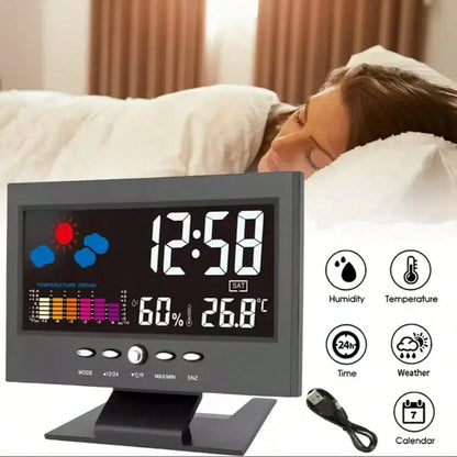 Digital Thermometer Hygrometer, Weather Alarm Clock With Voice Control And Backlight, Displaying Temperature, Humidity, Calendar, Time And Weather Forecast, Colorful Screen Desktop Thermometer Hygrome