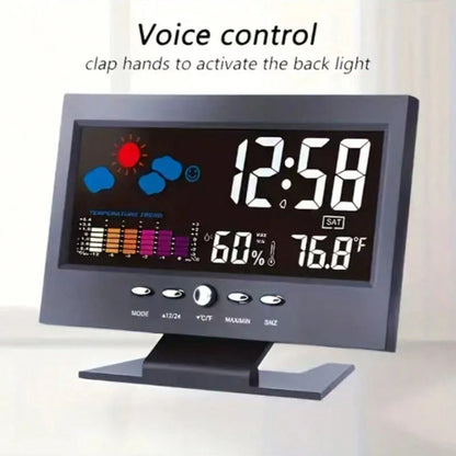 Digital Thermometer Hygrometer, Weather Alarm Clock With Voice Control And Backlight, Displaying Temperature, Humidity, Calendar, Time And Weather Forecast, Colorful Screen Desktop Thermometer Hygrome