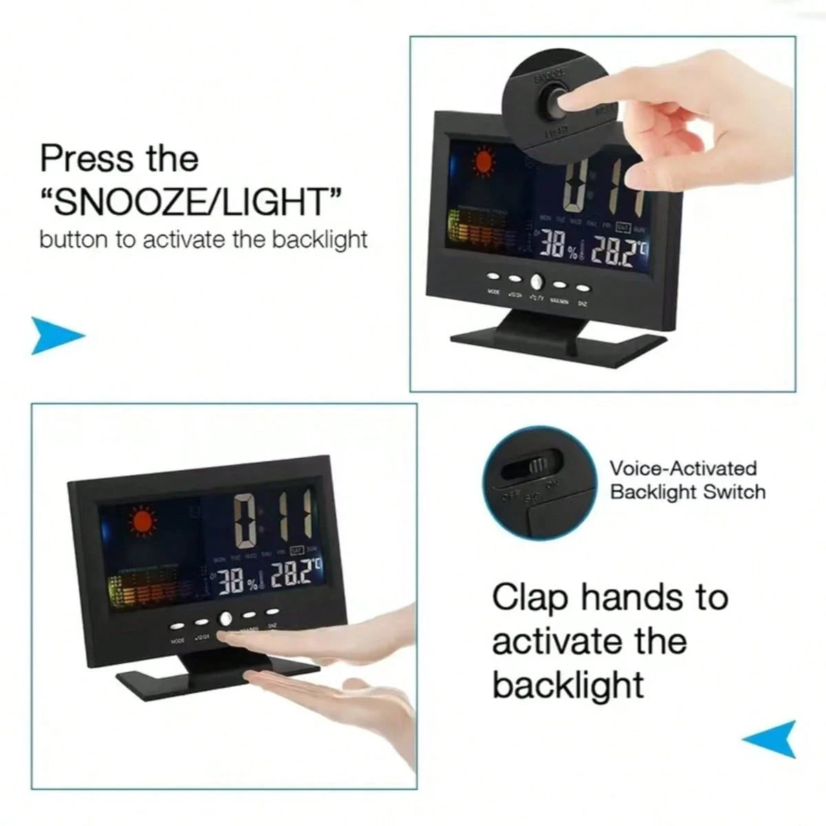Digital Thermometer Hygrometer, Weather Alarm Clock With Voice Control And Backlight, Displaying Temperature, Humidity, Calendar, Time And Weather Forecast, Colorful Screen Desktop Thermometer Hygrome