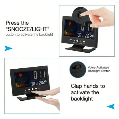 Digital Thermometer Hygrometer, Weather Alarm Clock With Voice Control And Backlight, Displaying Temperature, Humidity, Calendar, Time And Weather Forecast, Colorful Screen Desktop Thermometer Hygrome