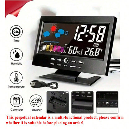 Digital Thermometer Hygrometer, Weather Alarm Clock With Voice Control And Backlight, Displaying Temperature, Humidity, Calendar, Time And Weather Forecast, Colorful Screen Desktop Thermometer Hygrome