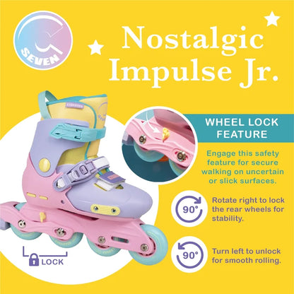 Pink and purple roller skates with wheel lock feature on a yellow background