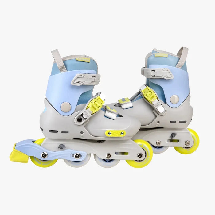 Pair of adjustable roller skates with light blue and yellow accents on a white background