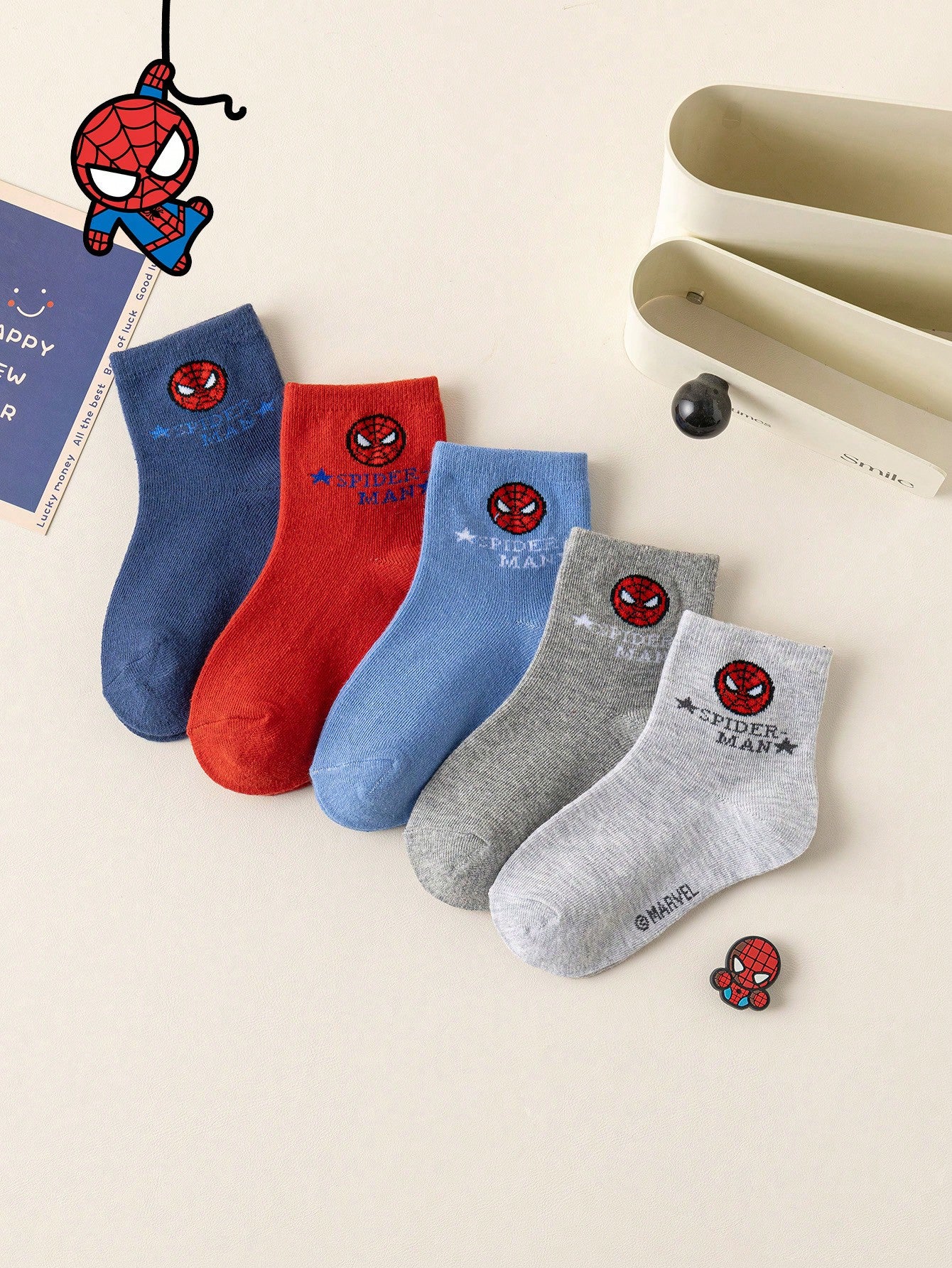 Disney 1/5 Pairs Kids Socks Marvel Spider-Man Cartoon Autumn/Winter Mid-Calf Socks Funny Hero Character Christmas Gift Children's Socks