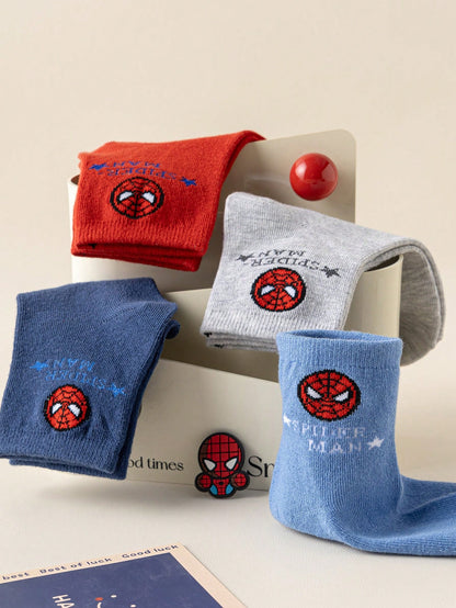 Disney 1/5 Pairs Kids Socks Marvel Spider-Man Cartoon Autumn/Winter Mid-Calf Socks Funny Hero Character Christmas Gift Children's Socks
