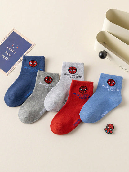 Disney 1/5 Pairs Kids Socks Marvel Spider-Man Cartoon Autumn/Winter Mid-Calf Socks Funny Hero Character Christmas Gift Children's Socks