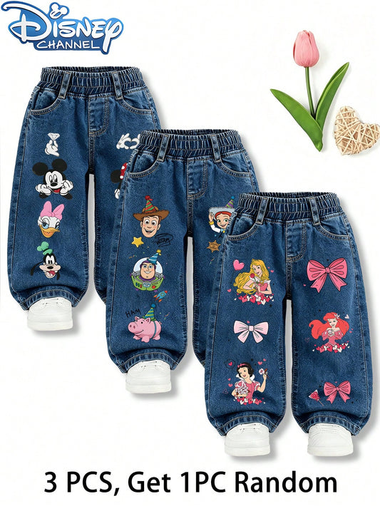 Disney 1pc (Random 3 Pcs,Send 1 Pc), Princess Bow Heart Cartoon Print Girls Loose Denim Trousers Elastic Waist Casual Bottoms For Outdoor Daily Wear