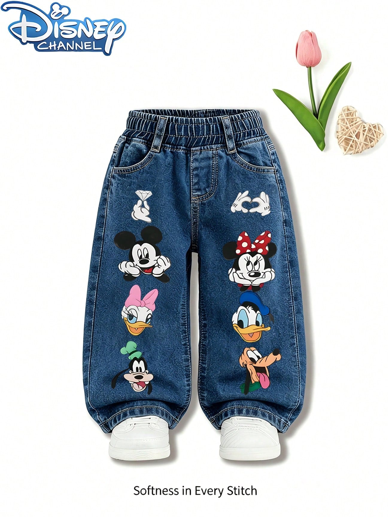 Disney 1pc (Random 3 Pcs,Send 1 Pc), Princess Bow Heart Cartoon Print Girls Loose Denim Trousers Elastic Waist Casual Bottoms For Outdoor Daily Wear