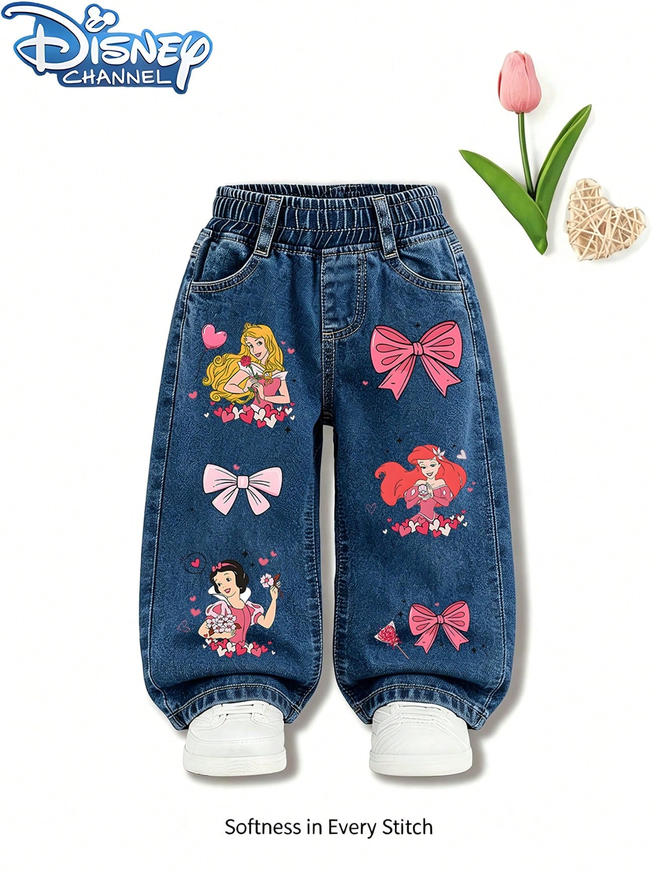 Disney 1pc (Random 3 Pcs,Send 1 Pc), Princess Bow Heart Cartoon Print Girls Loose Denim Trousers Elastic Waist Casual Bottoms For Outdoor Daily Wear