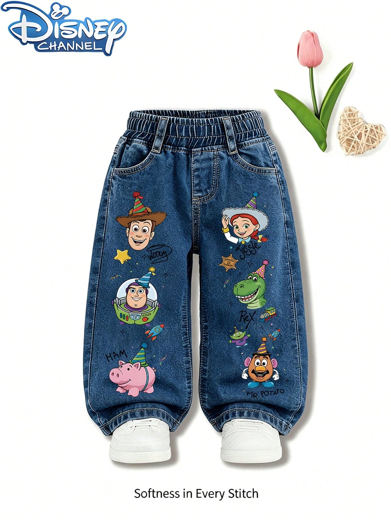 Disney 1pc (Random 3 Pcs,Send 1 Pc), Princess Bow Heart Cartoon Print Girls Loose Denim Trousers Elastic Waist Casual Bottoms For Outdoor Daily Wear