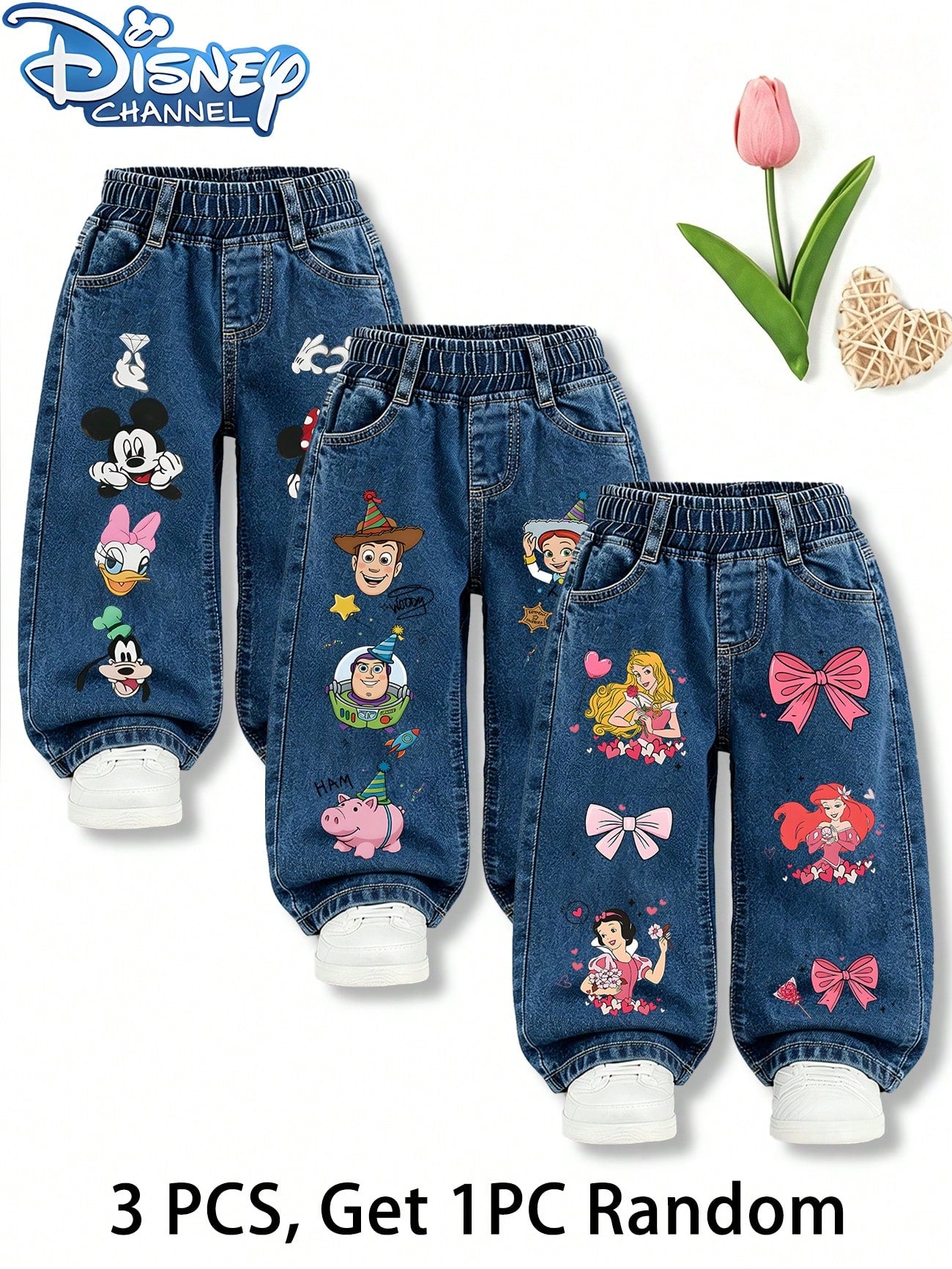Disney 1pc (Random 3 Pcs,Send 1 Pc), Princess Bow Heart Cartoon Print Girls Loose Denim Trousers Elastic Waist Casual Bottoms For Outdoor Daily Wear