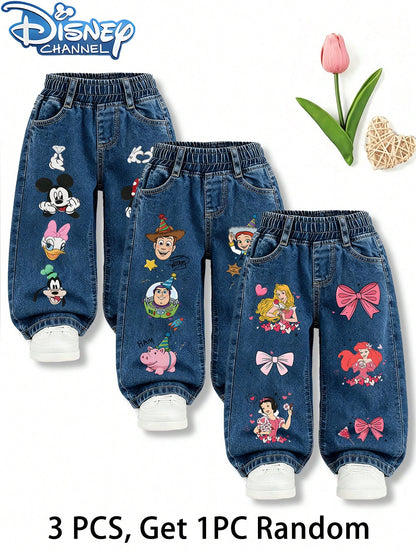 Disney 1pc (Random 3 Pcs,Send 1 Pc), Princess Bow Heart Cartoon Print Girls Loose Denim Trousers Elastic Waist Casual Bottoms For Outdoor Daily Wear