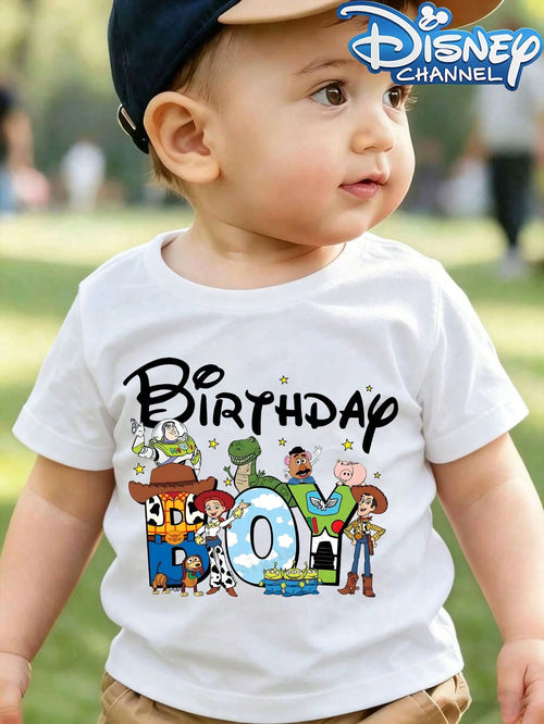 Disney Casual Crew Neck Baby Tee Printed With Toy Story Birthday Boy Cartoon, Fits Boys And Girls, Ideal For Summer Outfits.