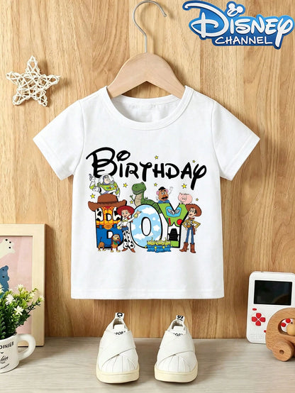 Disney Casual Crew Neck Baby Tee Printed With Toy Story Birthday Boy Cartoon, Fits Boys And Girls, Ideal For Summer Outfits.