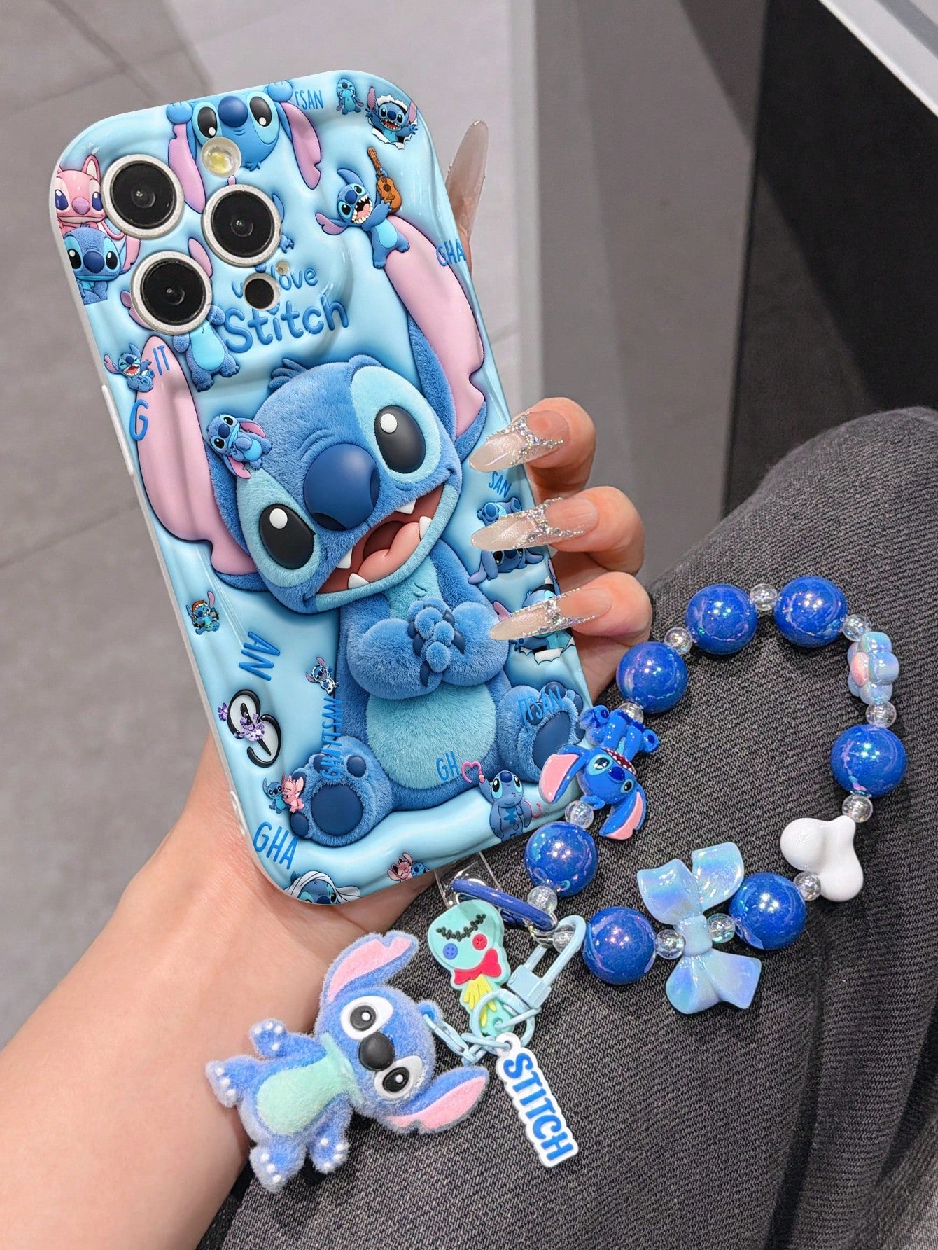 Disney Has Authorized, Phone Case- Chain Set, The Stitch Lilo & Stitch 3D Phone Case Plus A Silicone 3D Stitch Bracelet With Metallic Ring Removable Bracelet, Stitch And Angel Pattern, Compatible Wit