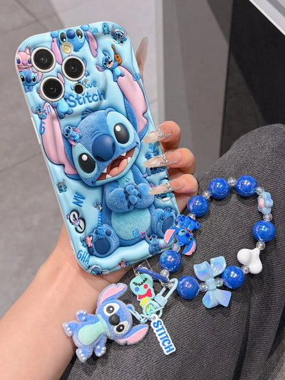Disney Has Authorized, Phone Case- Chain Set, The Stitch Lilo & Stitch 3D Phone Case Plus A Silicone 3D Stitch Bracelet With Metallic Ring Removable Bracelet, Stitch And Angel Pattern, Compatible Wit