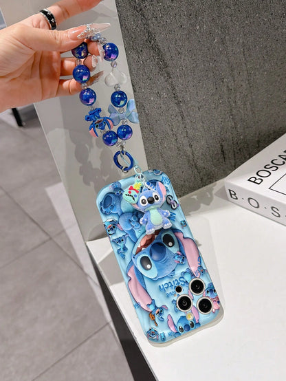 Disney Has Authorized, Phone Case- Chain Set, The Stitch Lilo & Stitch 3D Phone Case Plus A Silicone 3D Stitch Bracelet With Metallic Ring Removable Bracelet, Stitch And Angel Pattern, Compatible Wit