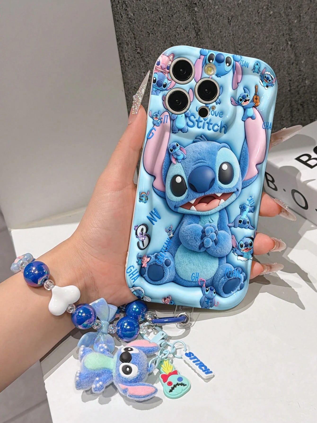 Disney Has Authorized, Phone Case- Chain Set, The Stitch Lilo & Stitch 3D Phone Case Plus A Silicone 3D Stitch Bracelet With Metallic Ring Removable Bracelet, Stitch And Angel Pattern, Compatible Wit