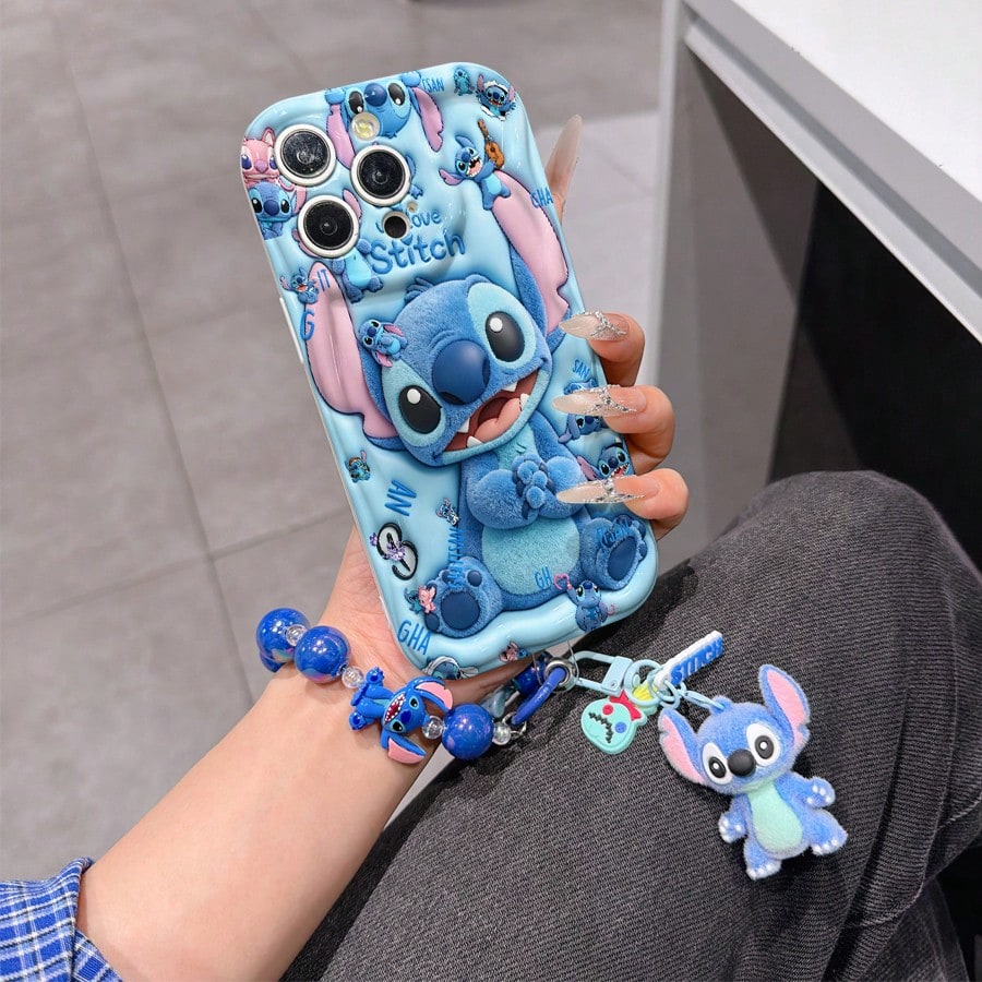 Disney Has Authorized, Phone Case- Chain Set, The Stitch Lilo & Stitch 3D Phone Case Plus A Silicone 3D Stitch Bracelet With Metallic Ring Removable Bracelet, Stitch And Angel Pattern, Compatible Wit