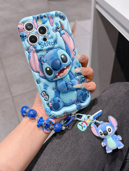 Disney Has Authorized, Phone Case- Chain Set, The Stitch Lilo & Stitch 3D Phone Case Plus A Silicone 3D Stitch Bracelet With Metallic Ring Removable Bracelet, Stitch And Angel Pattern, Compatible Wit