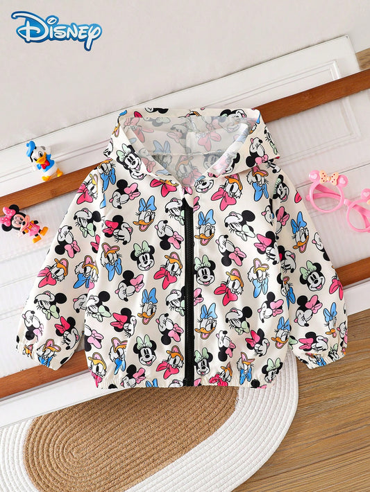 Disney Minnie And Friends Spring/Autumn Casual Jacket For Baby Girls, Cartoon Minnie, Donald Duck, Daisy, Goofy All-Over Print, Long Sleeve Zipper Hooded Jacket, Children's Daily Wear, Home, Versatile