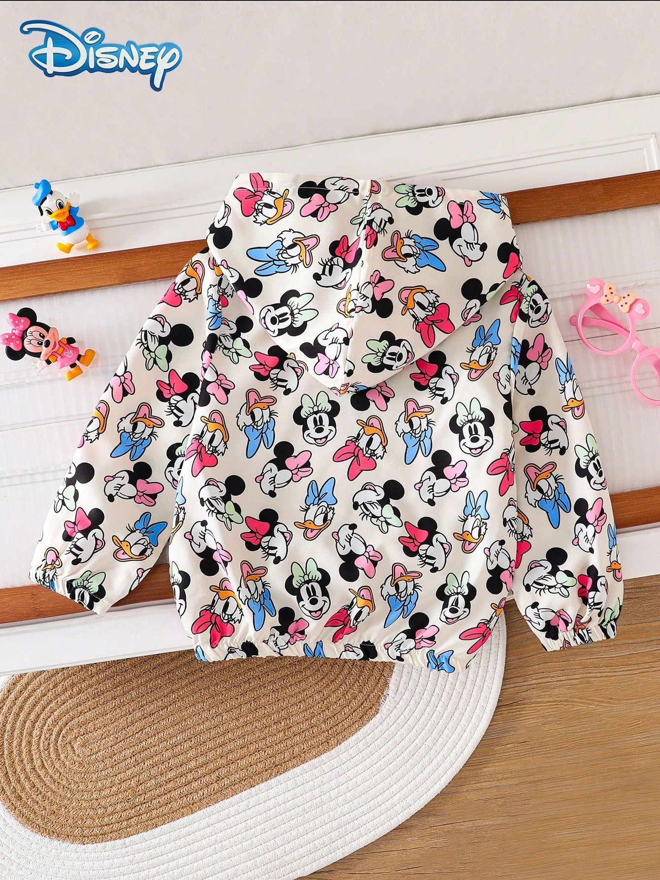 Disney Minnie And Friends Spring/Autumn Casual Jacket For Baby Girls, Cartoon Minnie, Donald Duck, Daisy, Goofy All-Over Print, Long Sleeve Zipper Hooded Jacket, Children's Daily Wear, Home, Versatile