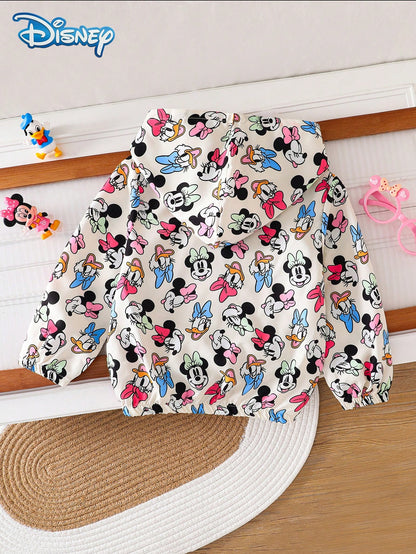Disney Minnie And Friends Spring/Autumn Casual Jacket For Baby Girls, Cartoon Minnie, Donald Duck, Daisy, Goofy All-Over Print, Long Sleeve Zipper Hooded Jacket, Children's Daily Wear, Home, Versatile